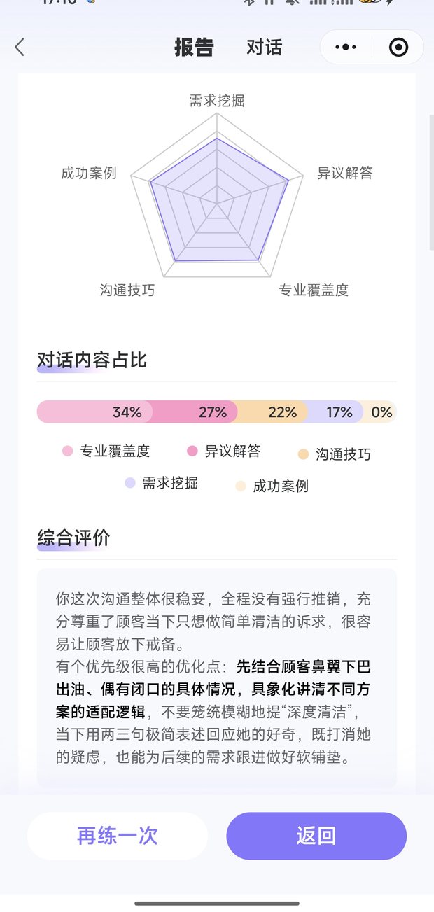 销冠智造训练报告：需求挖掘、异议解答、专业覆盖度、沟通技巧、成功案例五维能力雷达图，含对话内容占比与综合评价